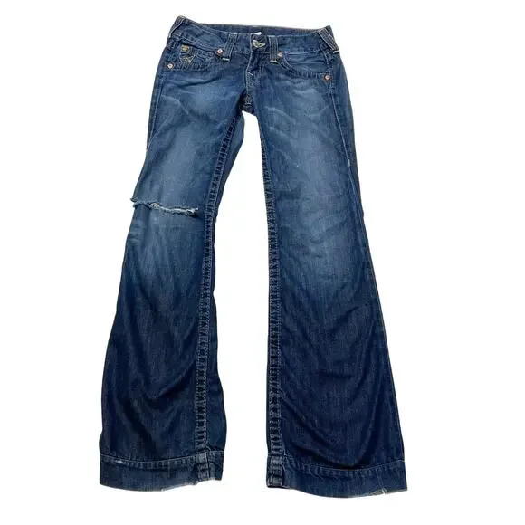 True Religion Candice Flared Jeans Women 26W x 28L Blue Light Washed Distressed - Picture 1 of 13